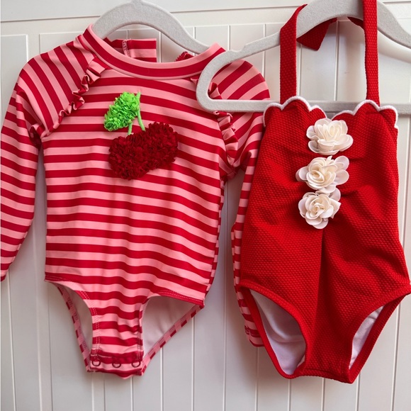 Janie and Jack Other - Janie and Jack Red & Pink Striped One-Piece Swim Set with Cherry Appliqué